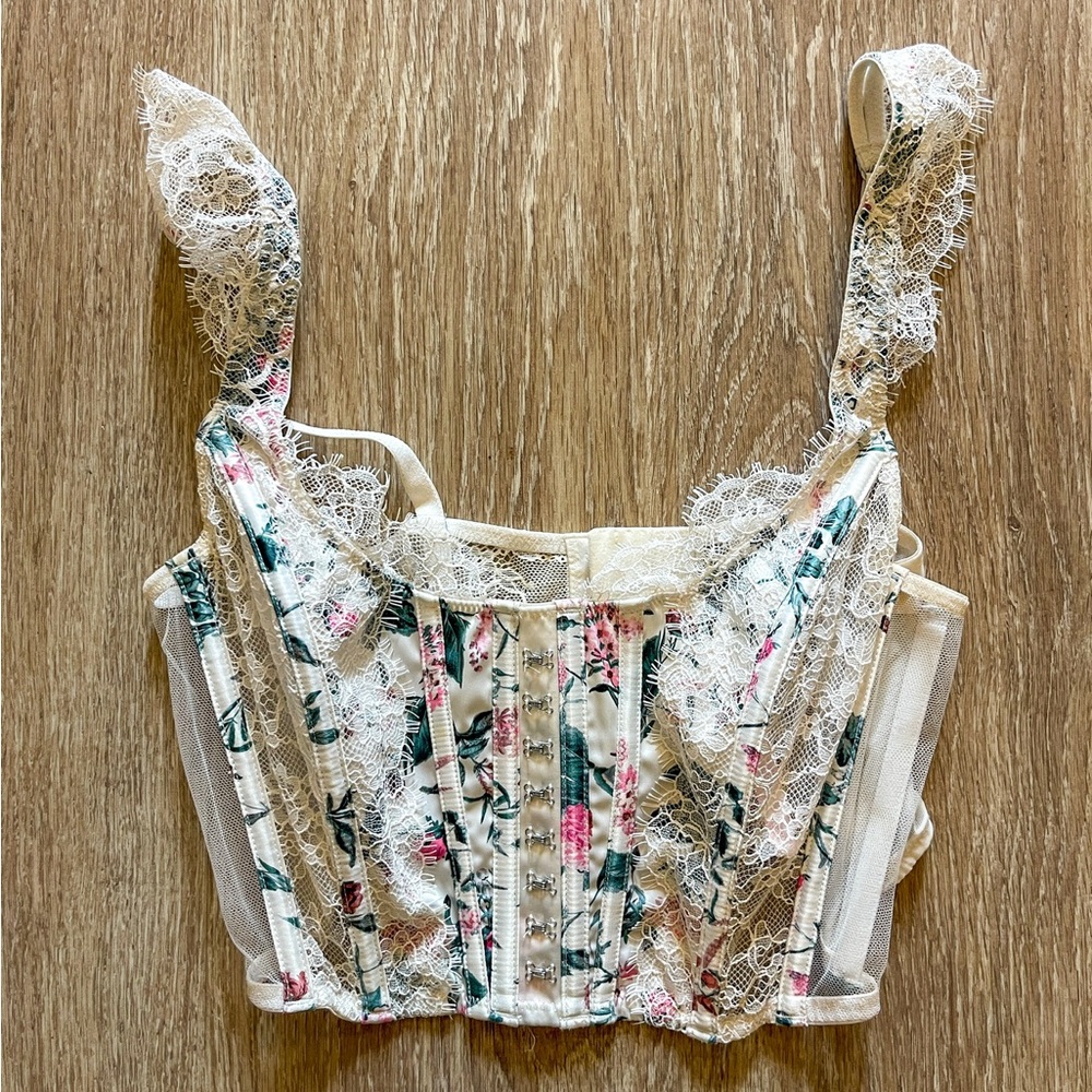 Victoria's Secret Lace Floral Bustier Bra Crop Top - White, Pink & Green